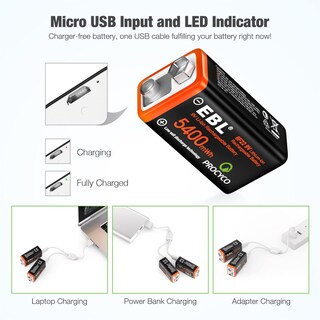 Foto 3 | Foto 3 | Baterías De Litio Recargables De 9 V Ebl 5400 Mwh Usb (paquete De 2) - Venta Internacional.