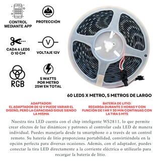 Foto 2 | Foto 2 | Kit Tira Led Portatil Pixel Rgb Autorítmico Bluetooth Recargable Flexible Ideal Para Fiestas