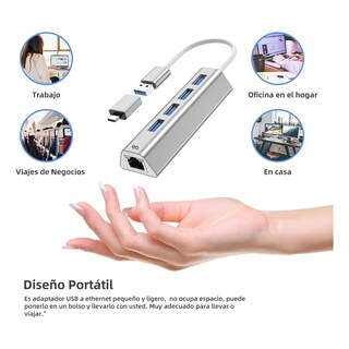 Foto 3 | Foto 3 | Adaptador Usb Ethernet C 3.0 Rj45 Red Lan Gigabit 5 En 1 Hub Eo Safe Imports Esi-20110 Plata