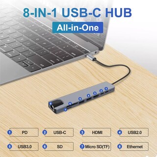 Foto 3 | Foto 3 | Adaptador Usb C A Hdmi Con Ethernet Tipo C Hub 8 En 1 Eo Safe Imports Esi-5062 Gris