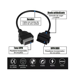 Foto 4 | Foto 4 | Adaptador De Escáner Obd2 Para Nissan/tsuru De 16 A 14 Pines Negro