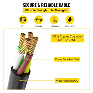 Foto 3 | Foto 3 | Cable De Extensión Para Generador Vevor, 50 Amperios, 15 Pies, 1200 W, 125/250 V - Venta Internacional.
