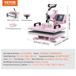 Foto 3 | Foto 3 | Máquina De Prensado Térmico Vevor 5 En 1, Combinada Con Vaso Y Prensa Para Sombreros - Venta Internacional.