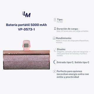 Foto 6 | Foto 6 | Batería Portátil LM 5000mAh Mod VP-0573-1 Color Rosa Con Salida Tipo C Y Carga por USB-C