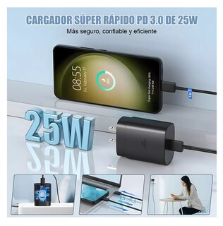 Foto 3 | Foto 3 | Cargador Rápido Tipo C De 25w Para Samsung Galaxy Con Cable Negro