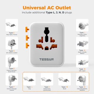 Foto 5 | Foto 5 | Adaptador De Viaje Tessan Universal De 28 W Con 2 Tomas De Corriente Alterna Y 5 Puertos Usb - Venta Internacional.