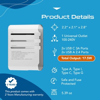 Foto 4 | Foto 4 | Adaptador De Viaje Ceptics Universal De 17,5 W Con 2 Usb-a Y 2 Usb-c - Venta Internacional.