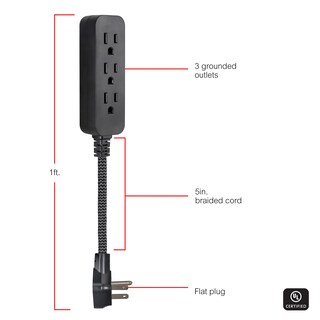 Foto 2 | Foto 2 | Cable De Extensión Power Strip Ge De 3 Salidas, 15 Cm, Trenzado, Negro - Venta Internacional.