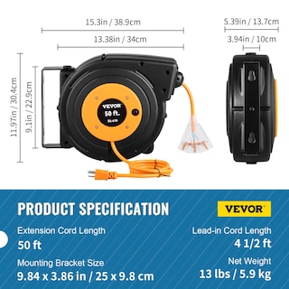 Foto 7 | Foto 7 | Carrete De Cable De Extensión Retráctil Vevor De 50 Pies Con Triple Salida - Venta Internacional.