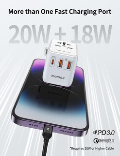 Foto 2 | Foto 2 | Adaptador De Viaje Universal Momax, Cargador Rápido Gan De 20 W, 2 Usb - Venta Internacional.