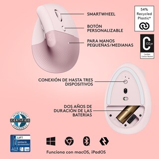 Foto 5 | Foto 6 | Mouse Inalámbrico Logitech Ergo Lift Vertical color Rosa