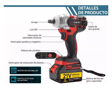 Foto 4 | Foto 4 | Pistola Impacto Llave Taladro Inalámbrica Sincarbono 650nm, Color Negro Con Rojo