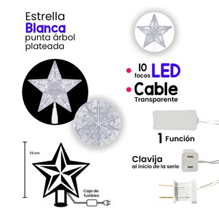 Foto 2 | Foto 2 | Estrella Punta de Árbol Navideño Plateada Luz Led Blanca 23 cm
