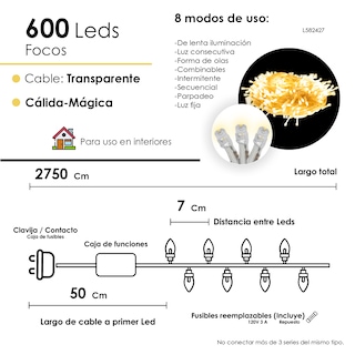 Foto 2 | Foto 2 | Serie De Luces Led Navideña 600 Focos Luz Cálida 27 Metros