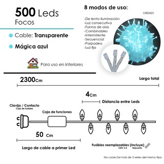 Foto 2 | Foto 2 | Serie Navideña 500 Luces Led Luz Azul Cian 23mts 8 Funciones