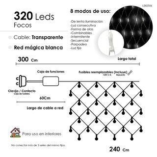 Foto 2 | Foto 2 | Red De Luces Led Navideña 320 Luces Led Luz Blanca 3 Metros 8 Funciones