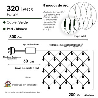 Foto 2 | Foto 2 | Red De Luces Led Navideña 320 Luces Led Luz Blanca 3 Metros 8 Funciones Cable Verde