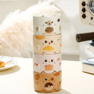 Foto 3 | Foto 3 | Juego De 4 Tazas De Cerámica Kawaii Para Café, Gatos Apilables, Gatito Lindas Tazas De Té Gato Panadero