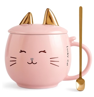 Foto 1 | Foto 1 | Taza De Cerámica Kawaii De Gatito Lucky Cat Con Holder Tapa Y Cuchara 400ml Rosa