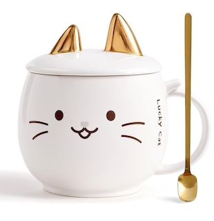 Foto 1 | Foto 1 | Taza De Cerámica Kawaii De Gatito Lucky Cat Con Holder Tapa Y Cuchara 400ml Blanco