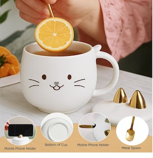 Foto 3 | Foto 3 | Taza De Cerámica Kawaii De Gatito Lucky Cat Con Holder Tapa Y Cuchara 400ml Blanco