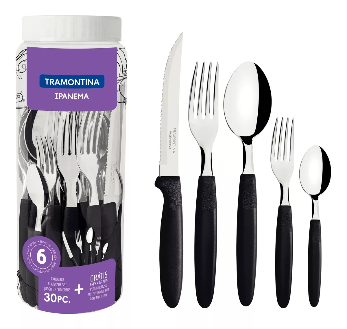 Juego de Cubiertos Tramontina Ipanema 30pc con Bote Multiuso