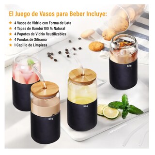 Foto 4 | Foto 4 | Set De 4 Vasos Vidrio Con Popote Tapa Bambú Y Funda Silicón Belug, Color Negro