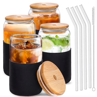 Foto 1 | Foto 1 | Magma Life Set De 4 Vasos De Cristal Con Manga De Silicón Tapa De Bambú Popotes Y Cepillo 460 Ml