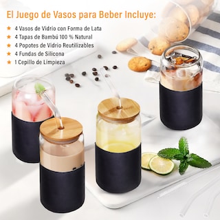 Foto 3 | Foto 3 | Magma Life Set De 4 Vasos De Cristal Con Manga De Silicón Tapa De Bambú Popotes Y Cepillo 460 Ml