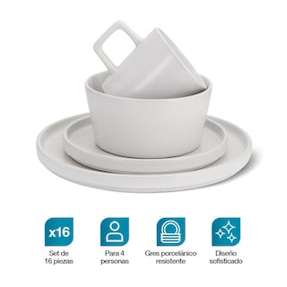 Foto 2 | Foto 2 | Vajilla de Gres Moderna 4 Personas 16 Piezas Platos Taza Casa Litus color Blanco
