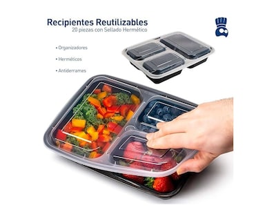 Foto 2 | Foto 2 | Bluelander Contenedores Para Alimentos Set De 20 Piezas Con 3 Divisiones Reutilizables, Juego De 20 Piezas, Rectangulares Con Ta