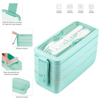 Foto 2 | Foto 2 | Lunch Box 3 Niveles Topper 1000ml Lonchera Bamboo Cubiertos Agua