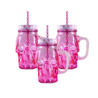 Foto 1 | Foto 1 | Frasco de Vidrio Calavera color Rosa 16oz./473ml. Drink Lab 3 Piezas