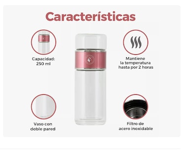 Foto 3 | Foto 3 | Termo Infusor De Té De Vidrio Botella Doble Pared Portátil Oro Rosa
