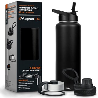 Foto 1 | Foto 1 | Magma Life Termo 40oz Negro Acero Inoxidable Con 3 Tapas Ideal Para Café Y Agua Conserva Temperatura