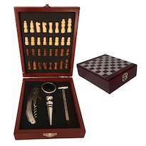 Set De Vino Juego De 4 Pz Accesorios Para Vino Con Ajedrez En Caja De Madera