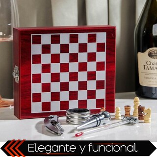 Foto 7 | Foto 7 | Set De Vino Juego De 4 Pz Accesorios Para Vino Con Ajedrez En Caja De Madera