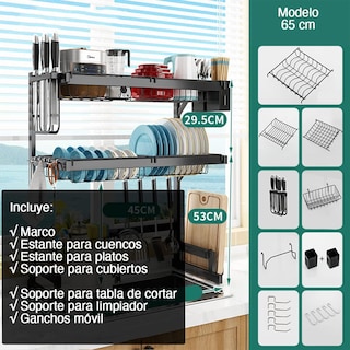 Foto 3 | Foto 3 | Escurridor Para Trastes De Acero Con Dos Niveles, Espacio Para Organizar Platos, Cuchillos Y Utensilios De 85 Cm