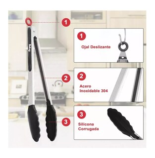 Foto 5 | Foto 5 | Pinzas De Acero Inoxidable Y Silicona Para Cocina, Belug 3 Piezas Negro