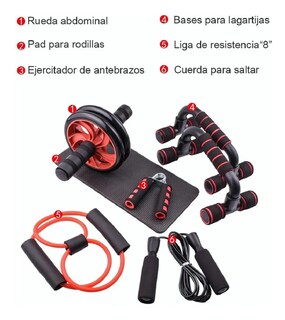 Foto 2 | Foto 2 | Kit Rodillo Abdominal, Barras Push-up, Cuerda y Ejercitador Mano color Rojo con Negro