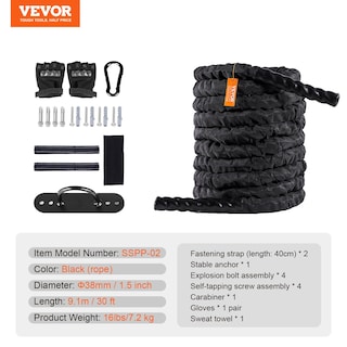 Foto 7 | Foto 7 | Battle Rope Vevor De Poliéster De 30 Pies Con Funda Protectora Y Gancho - Venta Internacional.