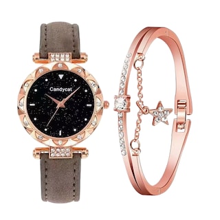 Foto 1 | Foto 1 | Reloj De Pulsera De Cuarzo Para Mujer Con Pulsera Estrellado Reloj Gris Pulcera Oro Rosa
