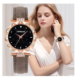 Foto 4 | Foto 4 | Reloj De Pulsera De Cuarzo Para Mujer Con Pulsera Estrellado Reloj Gris Pulcera Oro Rosa
