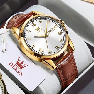 Foto 3 | Foto 3 | Reloj Olevs - Correa De Piel Para Hombre Con Fecha Y Día, Color Marrón Y Dorado - Venta Internacional.