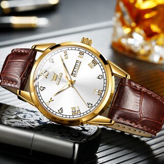 Foto 5 | Foto 5 | Reloj Olevs - Correa De Piel Para Hombre Con Fecha Y Día, Color Marrón Y Dorado - Venta Internacional.