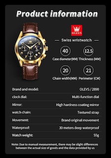 Foto 6 | Foto 6 | Reloj Olevs Con Cronógrafo Y Correa De Piel Para Hombre, Color Dorado Y Negro - Venta Internacional.