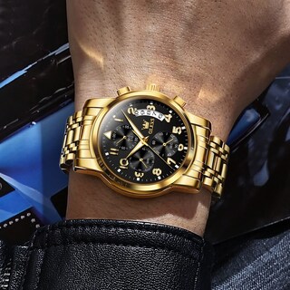 Foto 3 | Foto 3 | Reloj Olevs Con Correa De Acero Inoxidable Para Hombre, Cronógrafo Y Bisel Dorado - Venta Internacional.