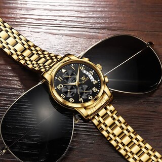 Foto 4 | Foto 4 | Reloj Olevs Con Correa De Acero Inoxidable Para Hombre, Cronógrafo Y Bisel Dorado - Venta Internacional.