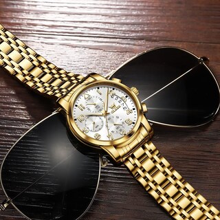 Foto 4 | Foto 4 | Reloj Olevs Para Hombre Con Fecha De Día Y Esfera Blanca De Acero Inoxidable Dorado - Venta Internacional.