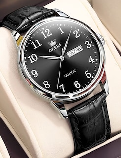 Foto 2 | Foto 2 | Reloj Olevs Para Hombre De Cuero Negro Analógico De Cuarzo Resistente Al Agua - Venta Internacional.
